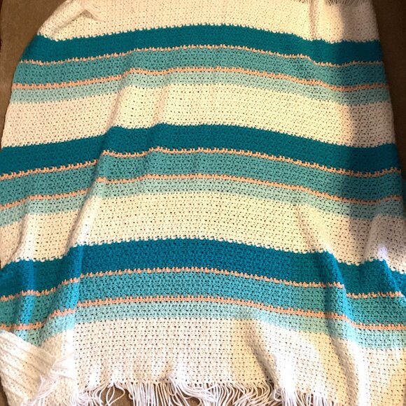 Handmade Crochet Blanket Throw Bedding Blue White - Picture 4 of 4